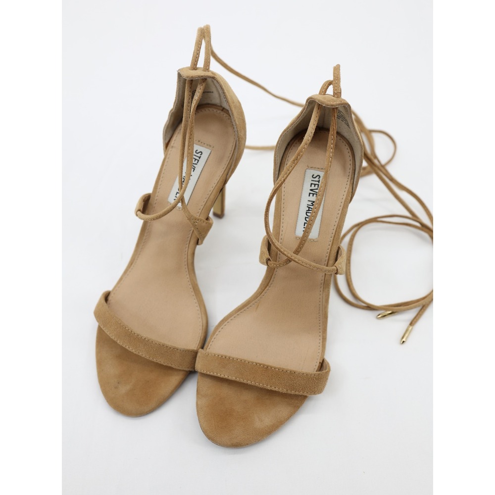 Steve Madden Presidnt Lace Up Suede Tan Stiletto Leg Wrap Sandals 7.5 - Picture 2 of 12